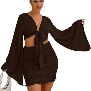 Brown Tie Front Crop & Smocked Skirt Set Y2K XXL